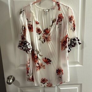 Joie Silk Floral White Red Burgundy Beige Coral Print Top Blouse Size M Medium